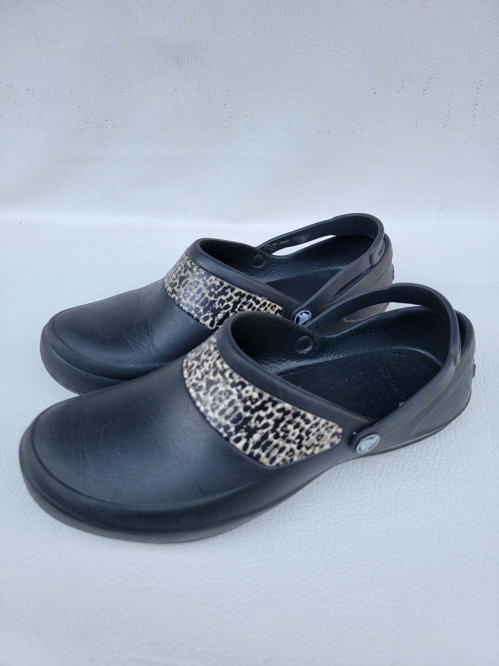 Crocs Women's Black Clogs with Leopard Print Strap
